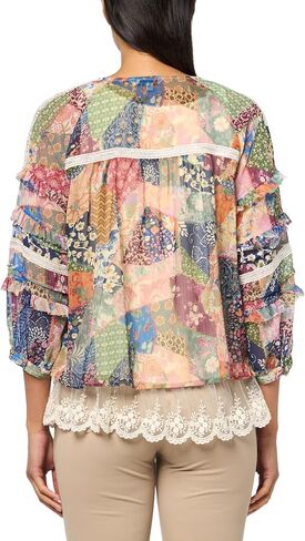 John Mark Women's Mix Yarn Dye Stripe Button Front with Print Accent and Embroidery in Saudi Arabia