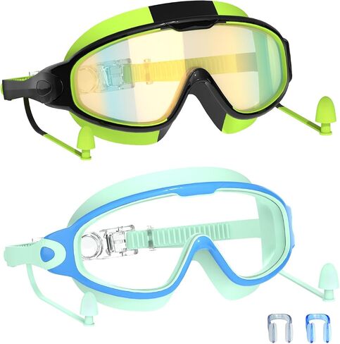 Swim Goggles for Kids 3-15 with Earplugs Large Frame Anti-Fog/UV Swimming Goggles for Boys Girls Toddler 2PCS in Kuwait