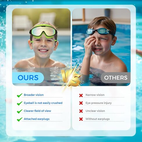 Swim Goggles for Kids 3-15 with Earplugs Large Frame Anti-Fog/UV Swimming Goggles for Boys Girls Toddler 2PCS in Kuwait
