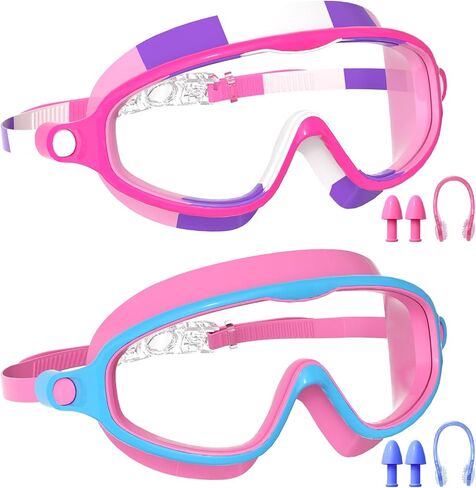 Swim Goggles for Kids 3-15 with Earplugs Large Frame Anti-Fog/UV Swimming Goggles for Boys Girls Toddler 2PCS in Kuwait