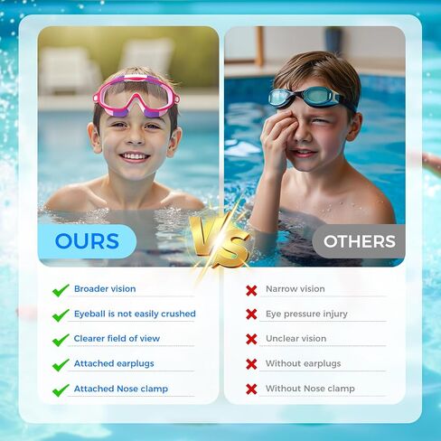 Swim Goggles for Kids 3-15 with Earplugs Large Frame Anti-Fog/UV Swimming Goggles for Boys Girls Toddler 2PCS in Kuwait