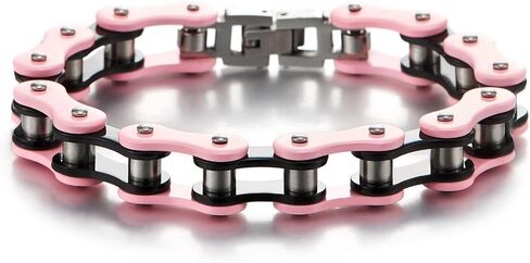 COOLSTEELANDBEYOND Ladies Stainless Steel Pink Black Motorcycle Bike Chain Bracelet with Buckle Clasp Polished in Saudi Arabia