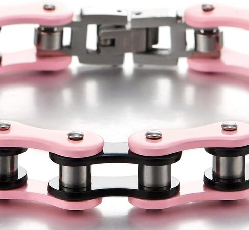 COOLSTEELANDBEYOND Ladies Stainless Steel Pink Black Motorcycle Bike Chain Bracelet with Buckle Clasp Polished in Saudi Arabia