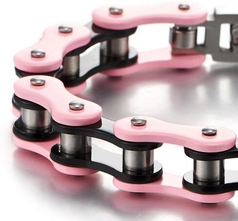 COOLSTEELANDBEYOND Ladies Stainless Steel Pink Black Motorcycle Bike Chain Bracelet with Buckle Clasp Polished in Saudi Arabia