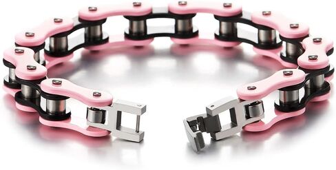 COOLSTEELANDBEYOND Ladies Stainless Steel Pink Black Motorcycle Bike Chain Bracelet with Buckle Clasp Polished in Saudi Arabia