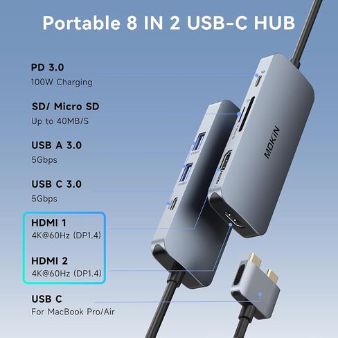 محطة إرساء USB C ، ومحطة إرساء USB CAPTOP 3 ، محول USB C HUB Multiport مع HDMI مزدوج ، فيديو USB-C ، 10 جيجابت في الثانية A/C 3.1،100W PD ، Ethernets Dongle ، USB C Dock لـ HP/Dell /Asus in Kuwait