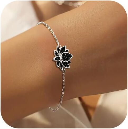 Lovecom Dainty 14k Gold Plated Lotus Flower Bracelets for Women 925 Sterling Silver Flower Flower Black Birthstone Link Bracelet Inspiral Friends Proclets Jewely for Mom in Kuwait