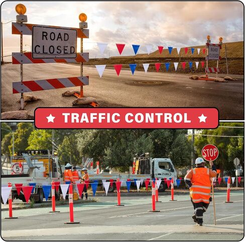 105ft Red White and Blue Pennant Banner Flag, 7"x10" Fluorescent Safety Flagging Banner Warning Flag for Construction Site/Boundary Barrier Signs, Perimeter Marking Flags on String, 45 Flags in Kuwait
