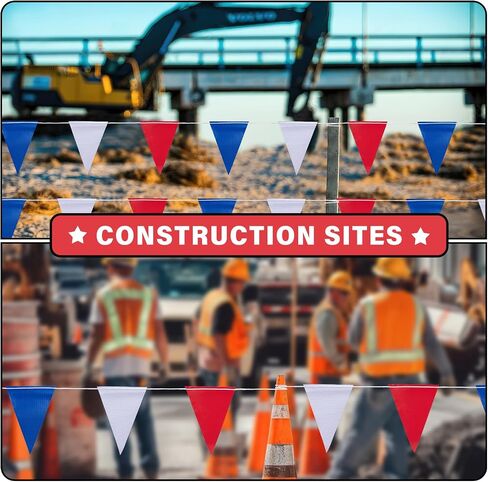 105ft Red White and Blue Pennant Banner Flag, 7"x10" Fluorescent Safety Flagging Banner Warning Flag for Construction Site/Boundary Barrier Signs, Perimeter Marking Flags on String, 45 Flags in Kuwait