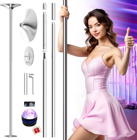 PYY Dance Pole for Home - Adjustable & Portable Dancing Pole for Gym Studio Pub, 45mm Chrome Finish, Spinning & Static Modes, Remote LED Lights, No Drilling Required, Fits 88"-108" Ceilings in Saudi Arabia