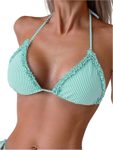 Verdusa Women's Striped Print Ruffle Trim Bikini Top Y2k Halter Triangle Backless Swimsuit Tops in Saudi Arabia