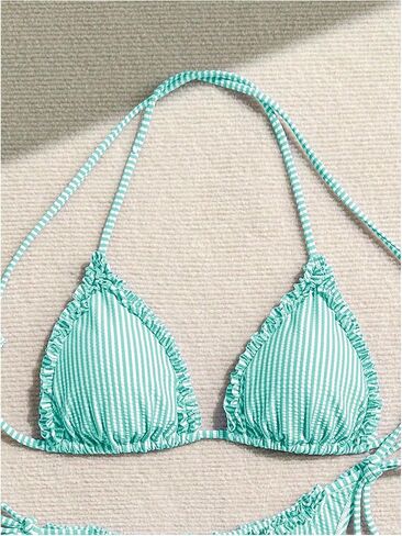 Verdusa Women's Striped Print Ruffle Trim Bikini Top Y2k Halter Triangle Backless Swimsuit Tops in Saudi Arabia