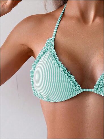 Verdusa Women's Striped Print Ruffle Trim Bikini Top Y2k Halter Triangle Backless Swimsuit Tops in Saudi Arabia