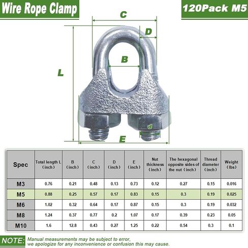 120PCS M5 Heavy Duty Wire Rope Clamps, 3/16-Inch Zinc Plated Cable Clips for Secure Connections – Boat, Tent, Clothesline, Rigging & More in Kuwait