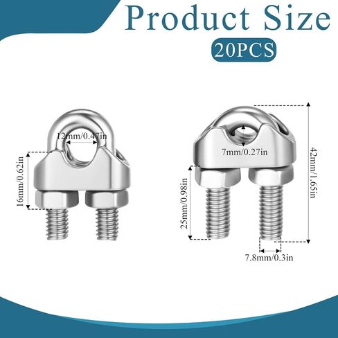 20 PCS M10 3/8" Wire Rope Cable Clip Clamp, 304 Stainless Steel U-Bolt Saddle Fasteners, Wire Rope Thimble for Wire Ropes, Clotheslines in Saudi Arabia