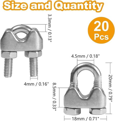 Yinpecly 20 Pack 1/8 Inches M3 Stainless Steel Wire Rope Cable Clip Clamp, U Bolt Saddle Fastener in Saudi Arabia