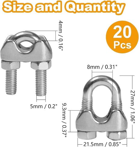 Yinpecly 20 Pack 1/8 Inches M3 Stainless Steel Wire Rope Cable Clip Clamp, U Bolt Saddle Fastener in Saudi Arabia