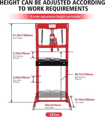 6-Ton Hydraulic Shop Press, Heavy Duty Benchtop Hydraulic Shop Press with 2 Press Plates, H-Frame Pneumatic Shop Press Adjustable Height,Red in Saudi Arabia