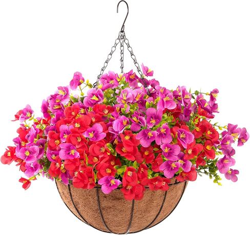 Artificial Hanging Flowers for Outdoors Summer Decoration, 12“ Hanging Basket with Faux UV Resistant Silk Flowers, Realistic Fake Hanging Eucalyptus Plants for Porch Home Patio Balcony Yard in Saudi Arabia