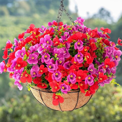 Artificial Hanging Flowers for Outdoors Summer Decoration, 12“ Hanging Basket with Faux UV Resistant Silk Flowers, Realistic Fake Hanging Eucalyptus Plants for Porch Home Patio Balcony Yard in Saudi Arabia