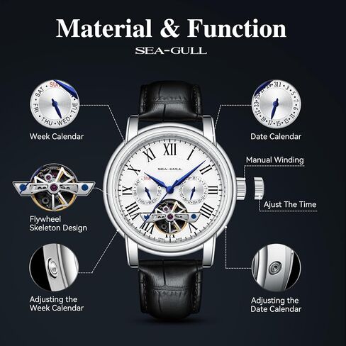 2021 Seagull Men's Watch Hollow Automatic Mechanical Watch Calendar Potential Multifunction Flywheel Business Watches, White- D819.626, Strap in Saudi Arabia