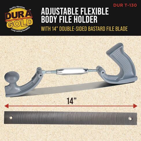Dura-Gold Adjustable Flexible Body File Holder with 14" Double-Sided Bastard File Blade, 9 Teeth Per Inch - Adjusts to Curved Convex or Concave for Shaping, Smoothing, and Filing Contoured Surfaces in Saudi Arabia