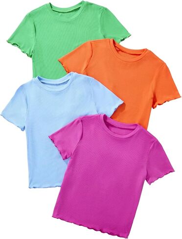 SweatyRocks Girl's 4 Pack Lettuce Trim T Shirt Ribbed Knit Short Sleeve Crew Neck Solid Tee Tops in Saudi Arabia