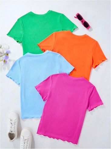 SweatyRocks Girl's 4 Pack Lettuce Trim T Shirt Ribbed Knit Short Sleeve Crew Neck Solid Tee Tops in Saudi Arabia