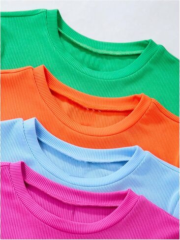 SweatyRocks Girl's 4 Pack Lettuce Trim T Shirt Ribbed Knit Short Sleeve Crew Neck Solid Tee Tops in Saudi Arabia