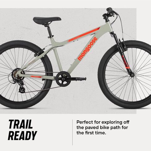 Mongoose Flatrock Mountain Bike, 24, 26 or 29 Inch Bike for Youth and Adults, 7 or 21 Speed, Aluminum Frame, Suspension Fork, Twist Shifters, Linear Pull Brakes, for Adults, Boys and Girls in Kuwait