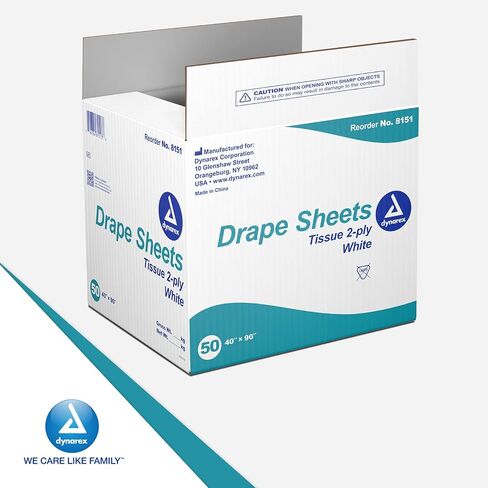 Dynarex 8151 Drape Sheet, 2-Ply Tissue, Soft and Breathable Medical Drapes, Provides Protection and Privacy, Used by Physicians, Veterinarians, and Tattoo Artists, 40" x 72", White, Pack of 50 in Saudi Arabia