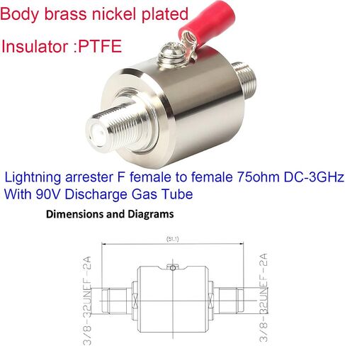 Lightning Arrestor F Male to F Female DC-3GHz 75 ohm Cellular 2G 3G 4G LTE CATV Satellite with 90V Gas Tube Surge Arrester (Lightning Arrester F Male to Female) in Kuwait