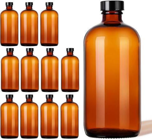12 Pack 16 oz Amber Boston Round with Black Poly Cone Cap,Reusable Brown Glass Bottles for Secondary Kombucha Fermentation,Homemade Essential Oils,Lab Chemicals in Saudi Arabia