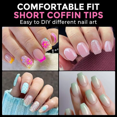 UNA GELLA Short Coffin Fake Nails 216pcs Short Coffin Press on Nails Pre-shape Short Coffin Gel Nail Tips for Full Cover Acrylic Short Coffin Nails False Nails For Nail Extension Home DIY Nail Salon 12 Sizes Gelly Tips in Kuwait