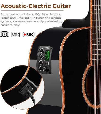 Vangoa Advanced 12 String Guitar ، الحجم الكامل اثني عشر سلسلة الغيتار acoustic 4 band band eq electroacoustic مجموعة للمبتدئين البالغين المتوسطين ، قمة شجرة التنوب ، glossy natural in Kuwait