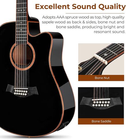 Vangoa Advanced 12 String Guitar ، الحجم الكامل اثني عشر سلسلة الغيتار acoustic 4 band band eq electroacoustic مجموعة للمبتدئين البالغين المتوسطين ، قمة شجرة التنوب ، glossy natural in Kuwait