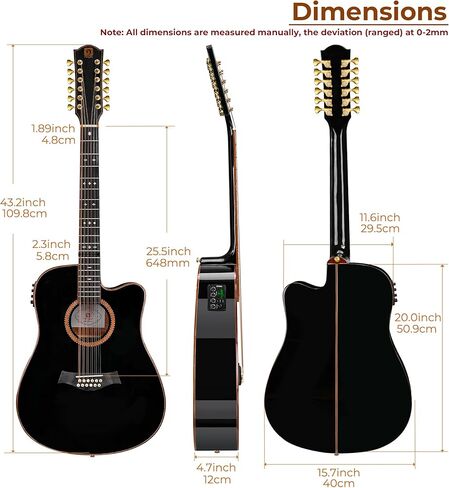 Vangoa Advanced 12 String Guitar ، الحجم الكامل اثني عشر سلسلة الغيتار acoustic 4 band band eq electroacoustic مجموعة للمبتدئين البالغين المتوسطين ، قمة شجرة التنوب ، glossy natural in Kuwait