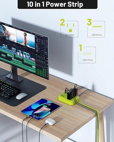 شريط USB Bar 2 Strip Power ، مع 2 منافذ USB (1 USB C) ، موسع منفذ للتوصيلات متعددة المكونات مع سلك تمديد مضفر 6 أقدام ، 1700 جول ، محطة شحن USB المكتب المسطح لمكتب المنزل للمكتب المنزلي in Saudi Arabia
