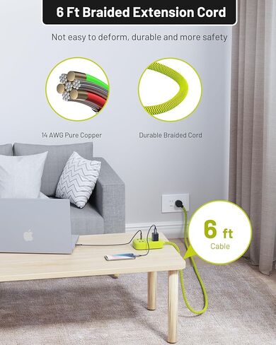 شريط USB Bar 2 Strip Power ، مع 2 منافذ USB (1 USB C) ، موسع منفذ للتوصيلات متعددة المكونات مع سلك تمديد مضفر 6 أقدام ، 1700 جول ، محطة شحن USB المكتب المسطح لمكتب المنزل للمكتب المنزلي in Saudi Arabia