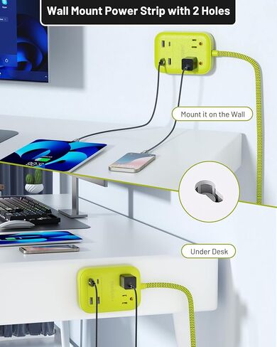 شريط USB Bar 2 Strip Power ، مع 2 منافذ USB (1 USB C) ، موسع منفذ للتوصيلات متعددة المكونات مع سلك تمديد مضفر 6 أقدام ، 1700 جول ، محطة شحن USB المكتب المسطح لمكتب المنزل للمكتب المنزلي in Saudi Arabia