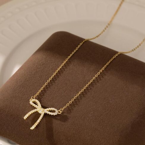 Reffeer Solid 925 Sterling Silver CZ Bow Necklace Choker for Women Teens Crystal Bow Pendant Necklace Bowknot Choker Necklace in Saudi Arabia