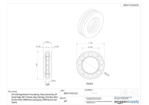 SKF 51103 محمل دفع اتجاه واحد ، 3 قطع ، سباق مخادع ، زاوية التلامس 90 درجة ، ABEC 1 ، فتحة ، قفص فولاذي ، حملة 17 ملم ، OD 30 مم ، عرض 9 مم ، 3440 رطل سعة الحمل الثابت ، 2190 رطل سعة تحميل ديناميكي in Kuwait