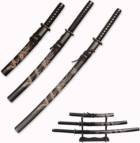 3pc مجموعة سيف الساموراي الياباني مع حامل عرض ، Iaido Katana Carbon Steel Blade Sword Real Sword لزينة العرض والهدية in Kuwait