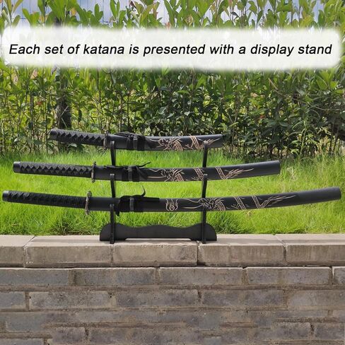 3pc مجموعة سيف الساموراي الياباني مع حامل عرض ، Iaido Katana Carbon Steel Blade Sword Real Sword لزينة العرض والهدية in Kuwait