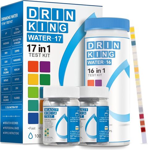 AAwipes Drinking Water Test Strips 17-in-1 100 Strips + 2 Bacteria Tester Kits, Lab-Validated Complete Water Testing for Home, Well, Tap Water, City Water, Flood Water Testing Strips (K03-100) in Kuwait