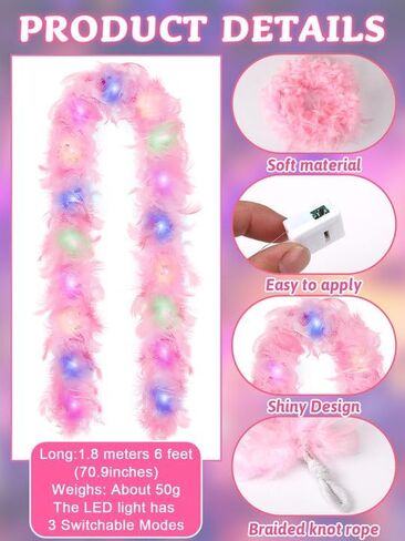 6 أقدام من Mardi Gras Feather Boa 50g Colorful 20 LED Lights Boas Boas Boa Assume Assuity Color Vivid Fin in Kuwait