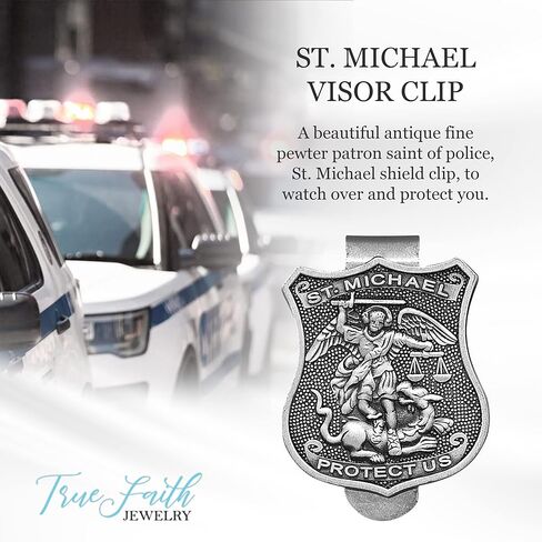True Faith Jewelry Pewter St Michael Car Visor Clip, Policeman's Prayer Archangel Patron Saint of Police, Law Enforcement Officer Gifts for Men and Women, Fine Pewter (92% Tin), 2-5/8 x 1-1/2 Inch in Kuwait