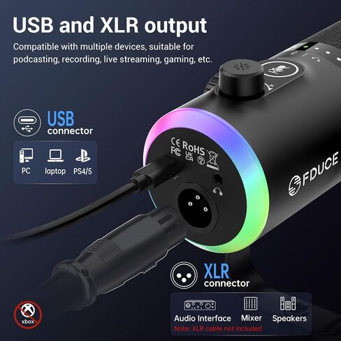 FDUCE USB/XLR Gaming Microphone kit, Dynamic PC Mic for Podcasting Streaming, Computer RGB Mic Kit with Boom Arm Stand, Mute Button and Headphone Jack, for Recording, Vocal Voice-Over (D30+) in Kuwait