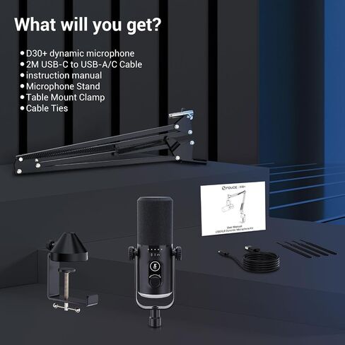 FDUCE USB/XLR Gaming Microphone kit, Dynamic PC Mic for Podcasting Streaming, Computer RGB Mic Kit with Boom Arm Stand, Mute Button and Headphone Jack, for Recording, Vocal Voice-Over (D30+) in Kuwait