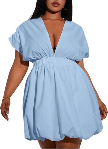 WDIRARA Women's Plus Size Deep V Neck Bubble Dress Short Sleeve A Line Mini Dresses in Saudi Arabia